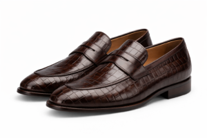 Croc-Embossed Penny Loafers – Dark Brown